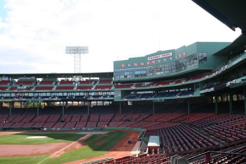 Interior view of Fenway Park, featuring empty red seats and a green scoreboard under a cloudy sky.