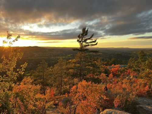 A scenic view of a sunset over a colorful autumn landscape with trees and rolling hills.