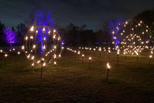 A nighttime scene featuring illuminated spherical structures and trees, creating a magical, festive atmosphere.