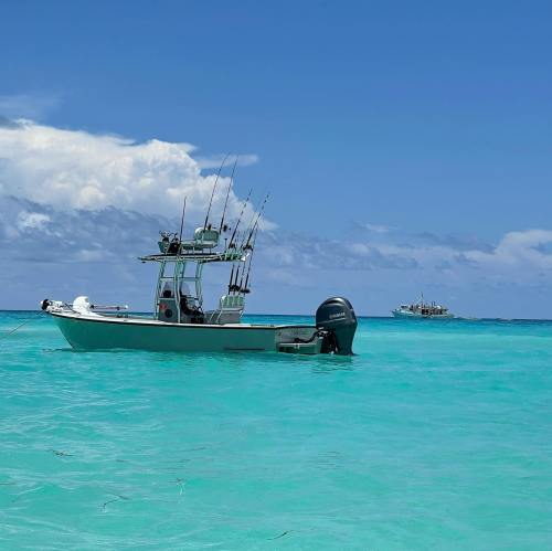 A fishing boat anchored in clear turquoise waters under a blue sky with scattered clouds.