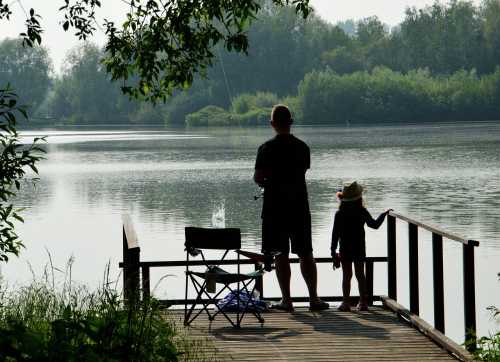 A person and a child stand on a dock by a calm lake, fishing and enjoying the serene nature around them.