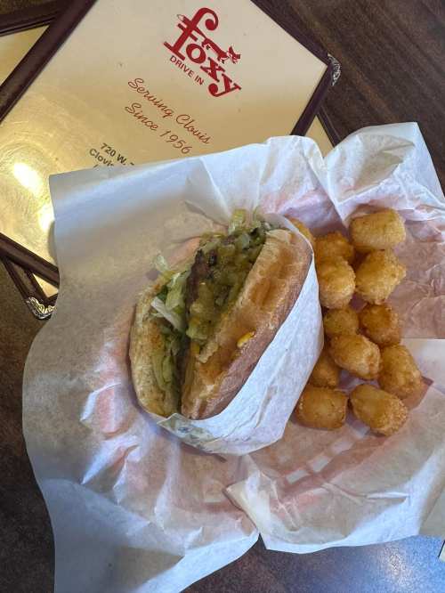 A wrapped sandwich with lettuce and toppings next to a serving of tater tots on a tray at Foxy Drive-In.