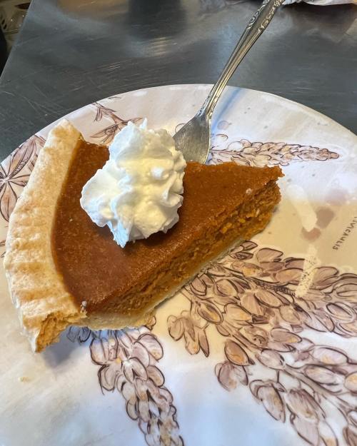 A slice of pumpkin pie topped with whipped cream on a decorative plate. A fork rests beside the pie.