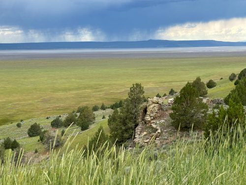 A vast landscape featuring green grass, distant mountains, and dark clouds over a flat, open area.