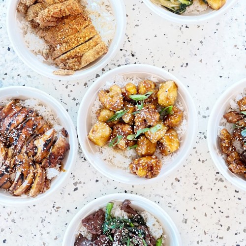 A variety of rice bowls featuring chicken, crispy pork, and vegetables, arranged on a speckled surface.