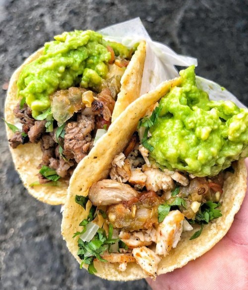Two tacos filled with grilled meat, topped with guacamole and fresh cilantro, held in a hand.