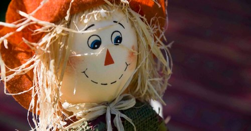 A cheerful scarecrow with a straw hat and a smiling face, set against a blurred background.