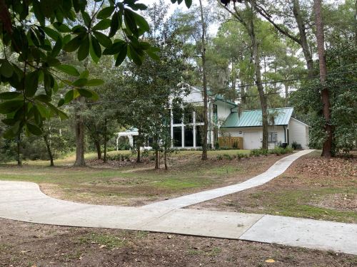A modern house with a green metal roof, surrounded by trees, viewed from a winding concrete path.