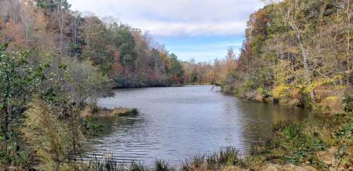 A serene lake surrounded by trees with autumn foliage under a cloudy sky.