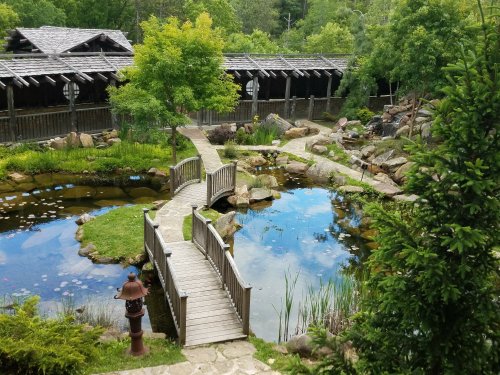 A serene garden scene featuring a wooden bridge over a pond surrounded by lush greenery and rocks.