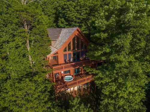 Aerial view of a wooden cabin nestled among lush green trees, featuring a deck and a hot tub.