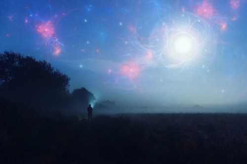 A silhouette of a person stands on a misty path under a starry sky with colorful cosmic elements.