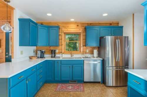 Bright kitchen with blue cabinets, stainless steel appliances, and a wooden accent wall. Cozy and modern design.