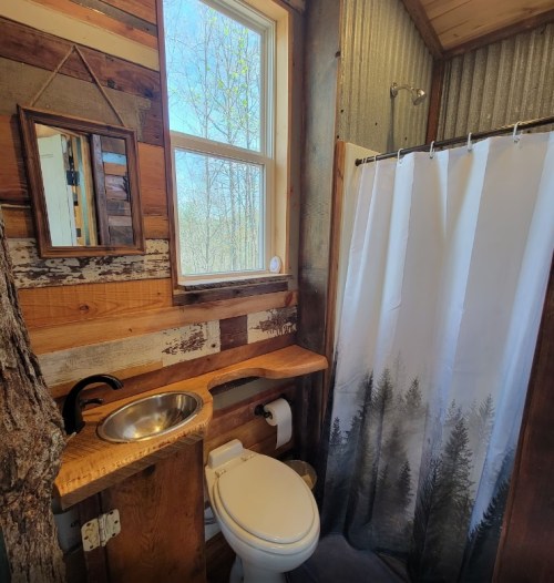 Cozy bathroom with wooden walls, a small sink, toilet, and a shower curtain featuring a forest design.