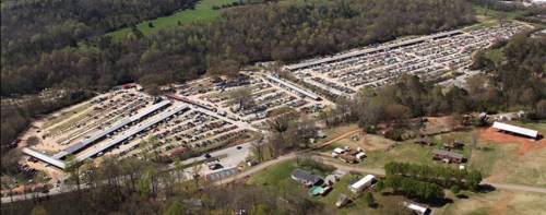 Aerial view of a large outdoor market with numerous parked cars, surrounded by greenery and rural buildings.