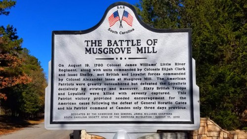 Historical marker about the Battle of Musgrove Mill, detailing events from August 19, 1780, in South Carolina.