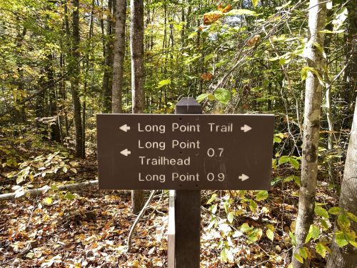 A wooden trail sign in a forest, indicating directions to Long Point Trail and Trailhead, with distances marked.