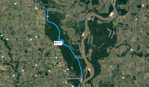 Map showing a route from Mississippi West State Park to a location near the Storm Creek Lake Campground.