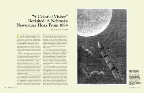 Illustration of a rocket soaring towards a large moon, accompanying an article about a 1884 Nebraska newspaper hoax.