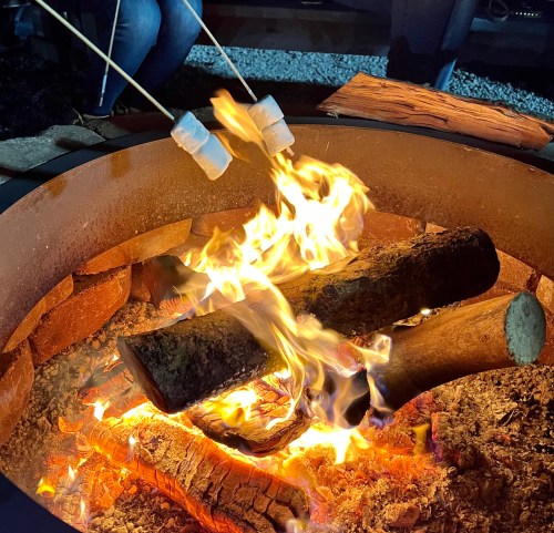 Two marshmallows are roasting over a campfire, with flames and logs visible in a cozy outdoor setting.