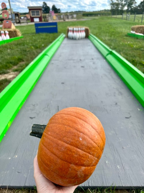 A hand holds a pumpkin in front of a bowling lane with hay bales and bowling pins in a grassy field.