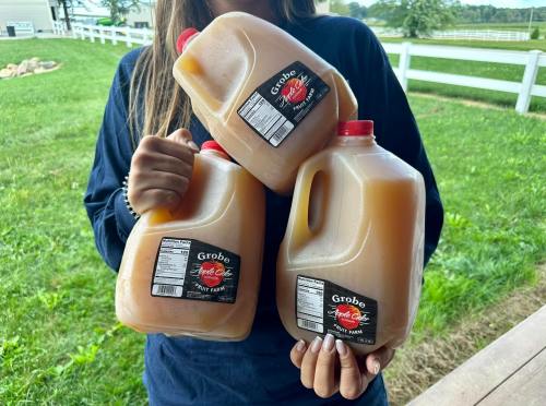 A person holds three jugs of apple cider against a green outdoor background.