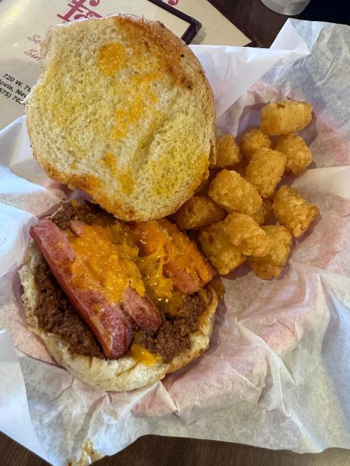 A sandwich with ground beef, cheese, and bacon, served with a side of tater tots on a paper-lined plate.
