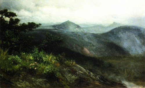 A serene landscape painting featuring rolling hills, distant mountains, and a cloudy sky, with greenery in the foreground.