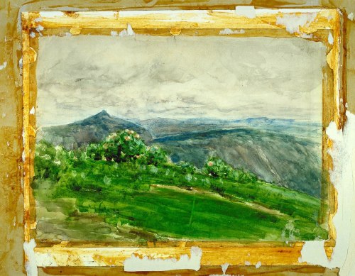 A watercolor landscape featuring rolling green hills and distant mountains under a cloudy sky, framed with a worn border.