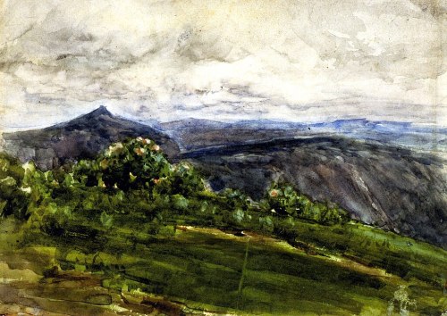 A watercolor landscape featuring rolling hills, a distant peak, and a cloudy sky above lush greenery.