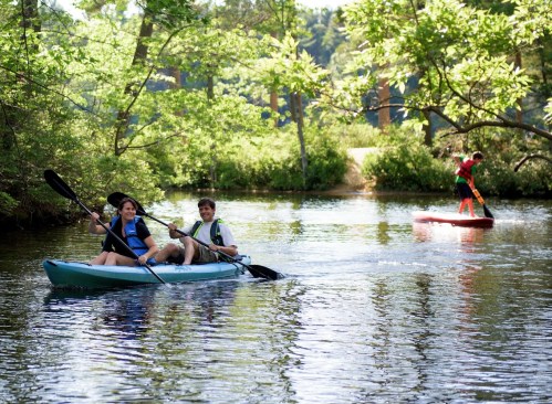 Two people kayak on a calm river surrounded by greenery, while another person paddleboards in the background.