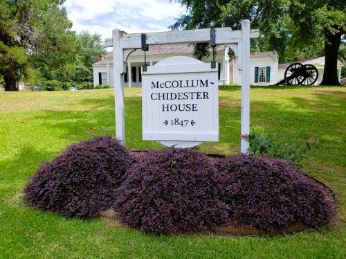 Sign for McCollum-Chidester House, established in 1847, surrounded by purple shrubs and green grass.