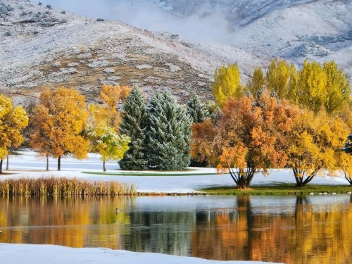 A serene landscape featuring autumn trees, a snowy field, and a calm lake reflecting the mountains in the background.