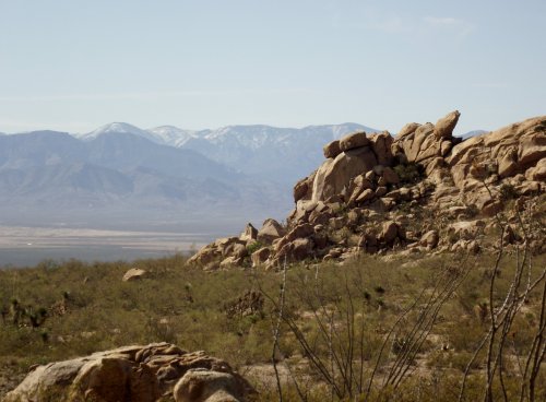 A rocky landscape with mountains in the background, featuring sparse vegetation and a clear blue sky.