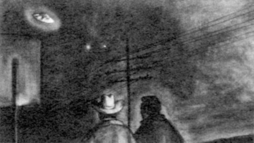 Two figures in hats look up at a dark sky with mysterious lights, suggesting a UFO sighting.