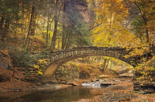 A stone arch bridge over a serene stream, surrounded by vibrant autumn foliage in a peaceful forest setting.