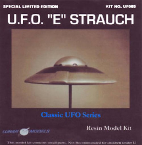 Box cover for a model kit titled "U.F.O. 'E' Strauch," featuring a flying saucer design. Classic UFO Series.