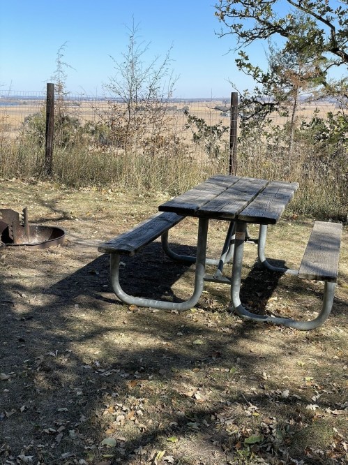 A picnic table in a grassy area with a fire pit nearby, overlooking a scenic landscape and clear blue sky.