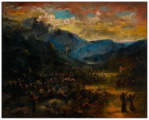 A dramatic landscape painting featuring dark mountains, a colorful sky, and figures in a valley, evoking a sense of movement.