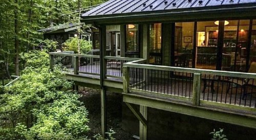 A modern cabin with a wooden deck surrounded by lush greenery in a forested area.