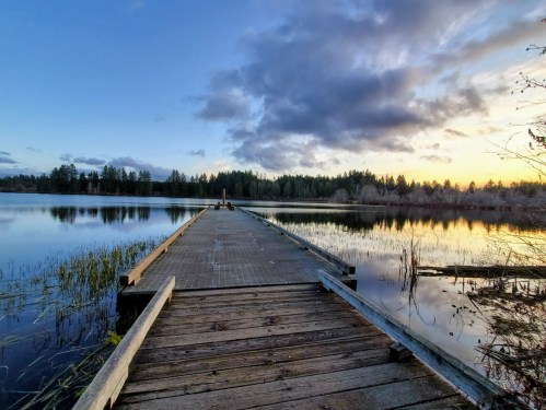 A wooden dock extends into a calm lake at sunset, surrounded by trees and reflecting clouds in the water.