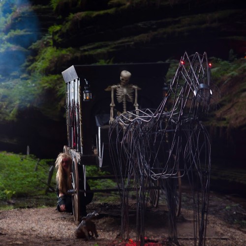 A skeletal figure sits in a cart pulled by a wire horse, with a person kneeling nearby in a misty, forested setting.