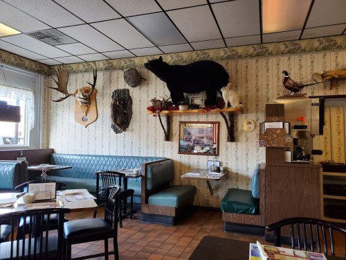 Cozy diner interior with green booths, rustic decor, and mounted animal heads on the walls.