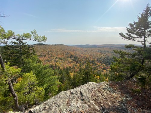 A scenic view from a rocky overlook, showcasing a vibrant autumn forest with colorful foliage under a clear sky.