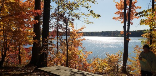 A serene lake surrounded by vibrant autumn foliage under a clear blue sky.