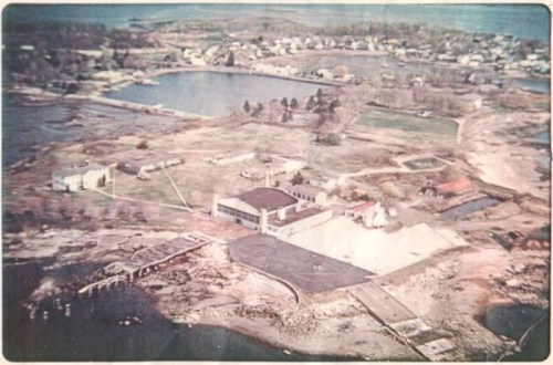 Aerial view of a coastal area featuring buildings, water bodies, and surrounding greenery.