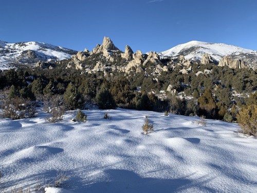 Snow-covered landscape with rocky formations and mountains under a clear blue sky. Pine trees dot the foreground.