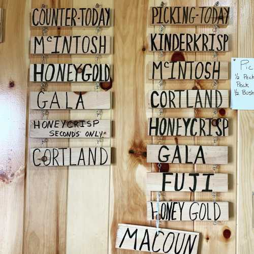 Wooden signs listing various apple varieties available today, including McIntosh, Honeycrisp, and Gala.