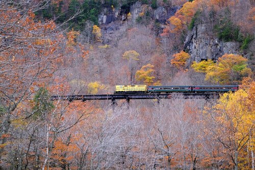 A train crosses a bridge surrounded by vibrant autumn foliage and rocky cliffs.