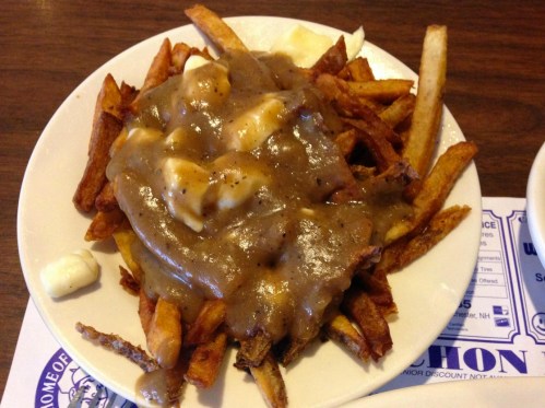 A plate of fries topped with gravy and cheese curds, served with a side of additional fries.